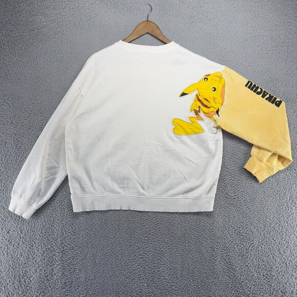 Pokemon Sweatshirt Adult Large White Yellow Pikachu Patch Boxy Spellout Litlab - Picture 7 of 11